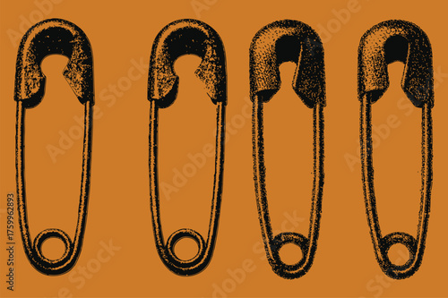 Halftone Safety pins Grunge college element vector. Safety pins that have been punctured with needles and opened and closed. attached to surface. Vector illustration. Eps 10