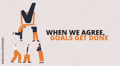 Cartoon vector illustration of people voting with a big check mark, symbolizing participation as shaping the community together