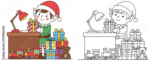 Christmas Elf Wrapping Presents at Desk with Toys - Holiday Coloring Page Illustration
