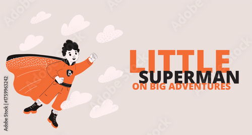 Cartoon vector illustration of a superhero boy flying with a cape, symbolizing imagination as embracing adventure and playful creativity