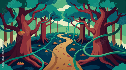 A network of twisting branches and vines connects the towering trees providing a pathway for curious creatures to explore and play.
