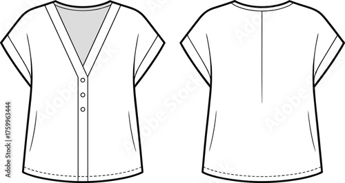 V-neck blouse fashion sketch, short sleeve garment drawing, curved hem design, button placket template, technical clothing illustration, back seam detail