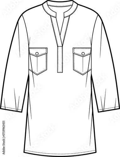 Tunic shirt fashion sketch, split neckline garment drawing, chest pocket illustration, technical apparel design, three-quarter sleeve template, topstitch detail