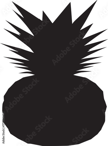 A detailed black and white illustration of a ripe pineapple with a textured rind and spiky green crown isolated on white background.