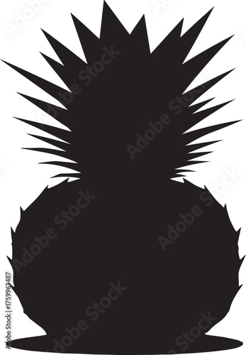 A detailed black and white illustration of a ripe pineapple with a textured rind and spiky green crown isolated on white background.
