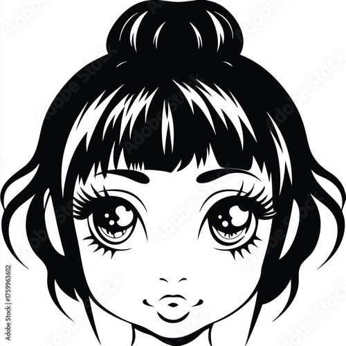 Monochromatic stylized manga face featuring large eyes and a high hair bun shows youth