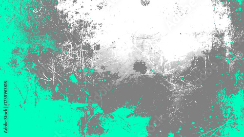 Grunge abstract background featuring distressed textures with gray, white, and teal paint splatters, rough scratches, and weathered patterns. Modern urban art design with high contrast and a vintage