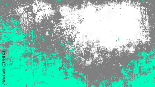 Grunge abstract background featuring distressed textures with gray, white, and teal paint splatters, rough scratches, and weathered patterns. Modern urban art design with high contrast and a vintage