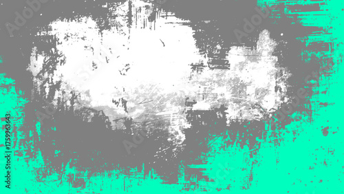 Grunge abstract background featuring distressed textures with gray, white, and teal paint splatters, rough scratches, and weathered patterns. Modern urban art design with high contrast and a vintage