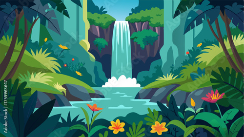 A hidden gem of a waterfall in a dense tropical jungle surrounded by vibrant wildflowers and the sounds of nature.