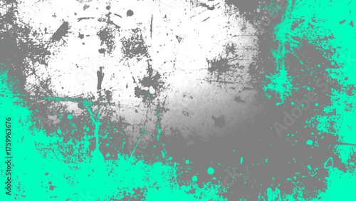 Grunge abstract background featuring distressed textures with gray, white, and teal paint splatters, rough scratches, and weathered patterns. Modern urban art design with high contrast and a vintage