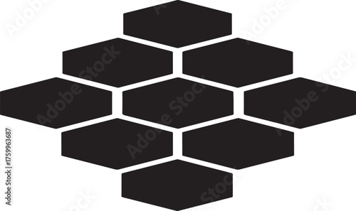 Geometric arrangement of black hexagons forming a diamond shape symbolizing structure and connection isolated on white background.