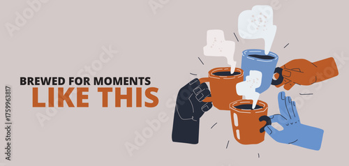 Cartoon vector illustration of three hands clinking mugs of tea or coffee, symbolizing celebration as sharing joyful moments together