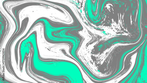Abstract liquid marble texture featuring swirling turquoise, white, and dark gray fluid patterns. flowing lines create a modern artistic background with organic waves and glossy Dynamic motion and con