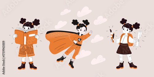 Cartoon vector illustration of a little schoolgirl reading, flying in a superhero costume, and holding a paintbrush, symbolizing childhood curiosity as exploring the world through learning and play