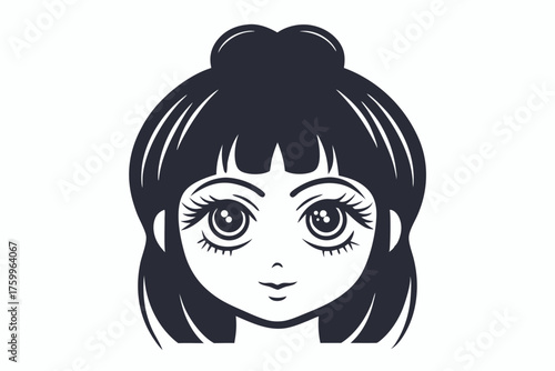 The stylized girl with big eyes and a bun shows innocence in simplicity