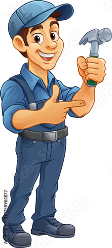 A cartoon mascot man handyman or carpenter holding a hammer tool and pointing