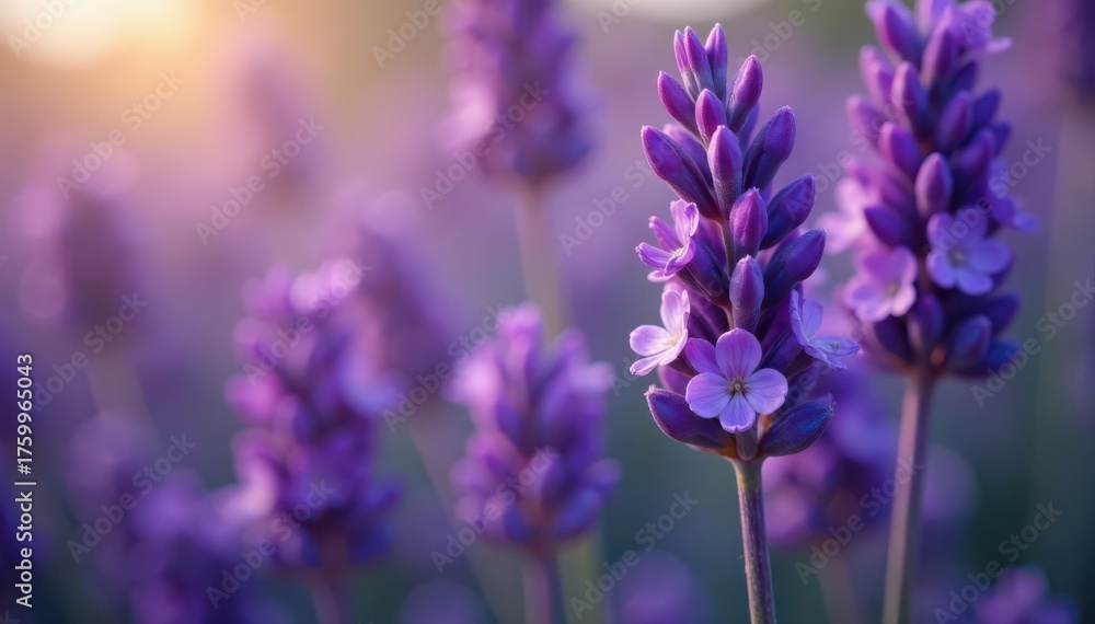 Naklejka premium Intricate lavender blossoms, rich purple hues, nature, element, scented