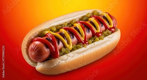 Classic Hot Dog Delight: Grilled Sausage with Condiments on Fresh Bun