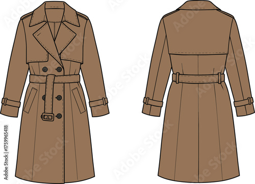 Brown trench coat fashion flat sketch, technical garment drawing, vector illustration front and back view, clothing design template, CAD drawing flat vector illustration
