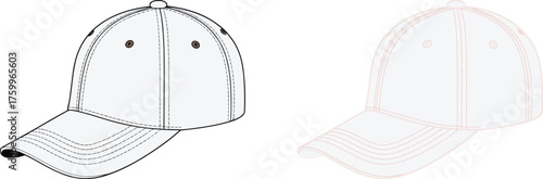 Cad drawing flat vector illustration of baseball cap three quarter view in black and peach outline, technical garment sketch with crown panels, brim, eyelets, stitching details