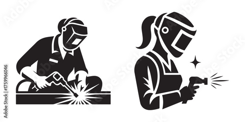 Modern Minimalist Woman Steel Welder Icon, Flat Silhouette of an Industrial Worker Vector for Labor Illustration Design