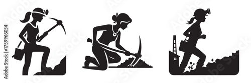 Modern Minimalist Woman Mining with Tools Icon, Flat Silhouette of a Worker Figure Vector for Industrial Illustration Design
