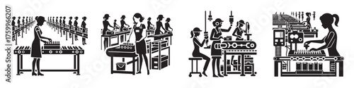 Modern Minimalist Women Working on Assembly Lines Icon, Flat Silhouette of an Industrial Worker Vector for Labor Illustration Design