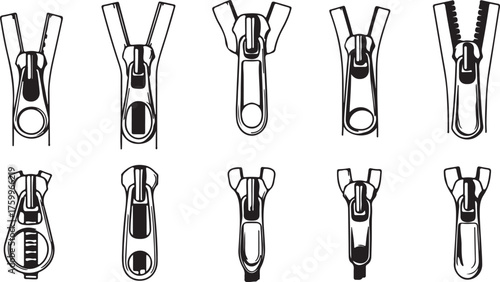 Ten Different Zipper Slider Designs in Black and White Line Art on White Background Keywords: zipper, slider, pull tab, fastener, closure, clothing, textile, sewing, also transparent background