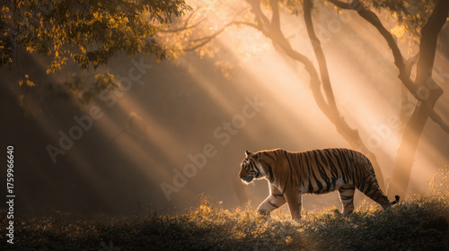 Tiger walking in sunlit forest