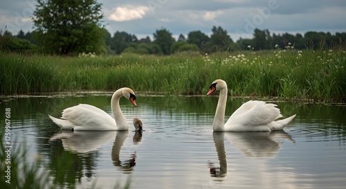 Fototapeta Naklejka Na Ścianę i Meble -  Two elegant swans gliding on calm water reflecting a tranquil natural scene
