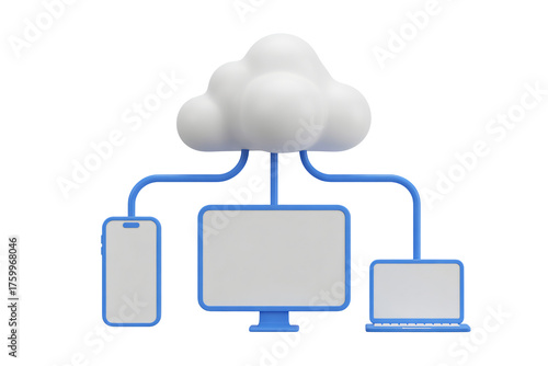 Cloud computing concept connecting smartphone, desktop, and laptop devices, ideal for modern tech and data transfer visuals