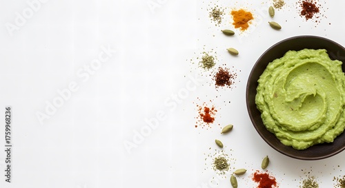 Fototapeta Naklejka Na Ścianę i Meble -  Overhead minimalist layout with guacamole bowl and spice accents for visual rhythm.
