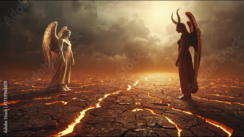 Angel and Demon Confrontation on Cracked Earth