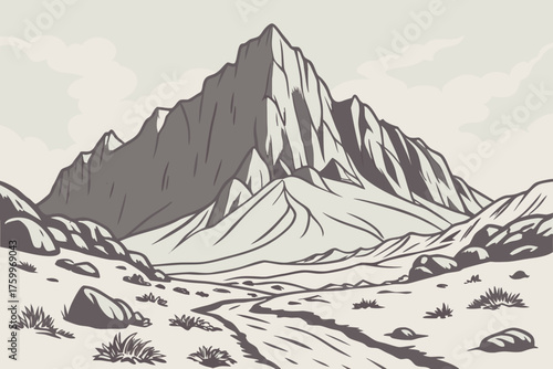 Minimalist vector of Mount Whitney with desert base landscape
