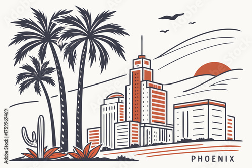 Modern flat vector of Phoenix skyline and desert palms
