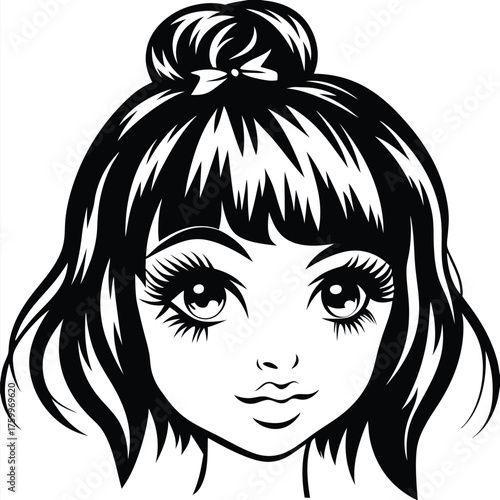 Striking black and white portrait shows a cute girl with a hair bun style