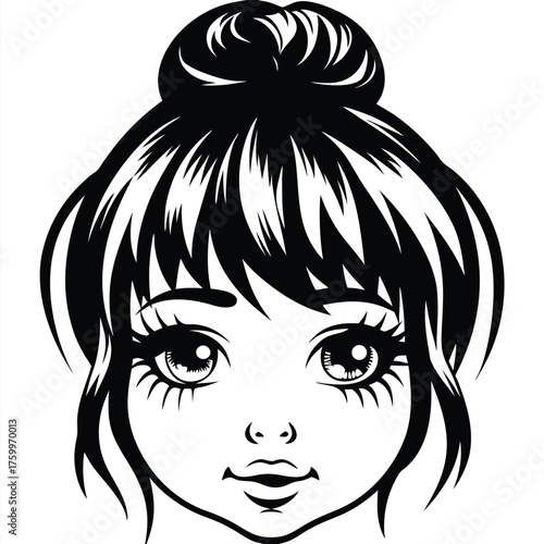 Young girl's detailed monochrome face has a hair bun and enormous eyelashes