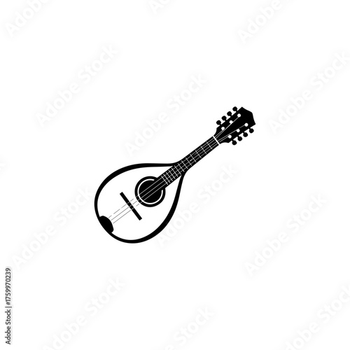 Black and white mandolin icon with detailed strings and tuning pegs.