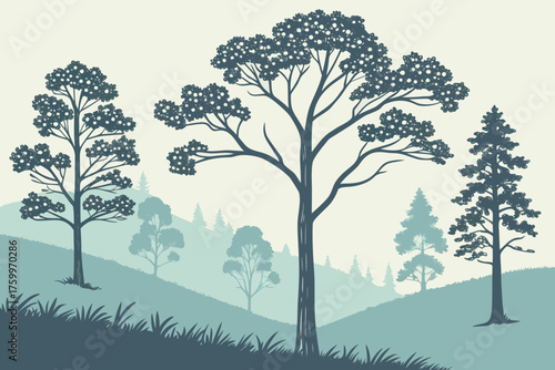 Flat minimalist design of Ozark Mountains forest scene
