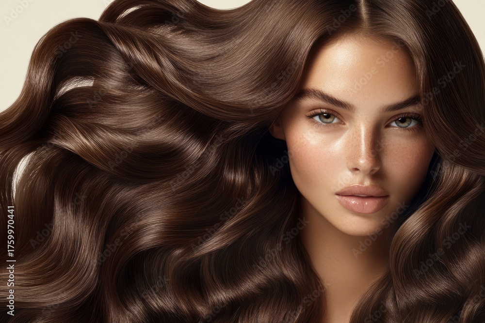 Obraz premium Portrait of woman with flowing dark hair, warm skin tones, and soft lighting. Subtle makeup enhances natural features. Close-up creates intimate, serene atmosphere. Neural network AI generated