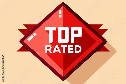 Red Top Rated Diamond Shaped Badge on Beige Background