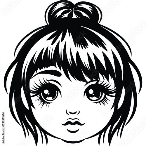 Stylish young woman showcases an elegant updo and expressive large eyes in monochrome