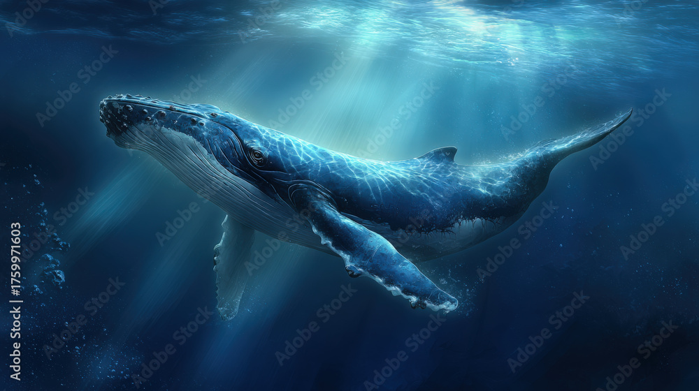 Fototapeta premium Blue Whale Swimming Underwater