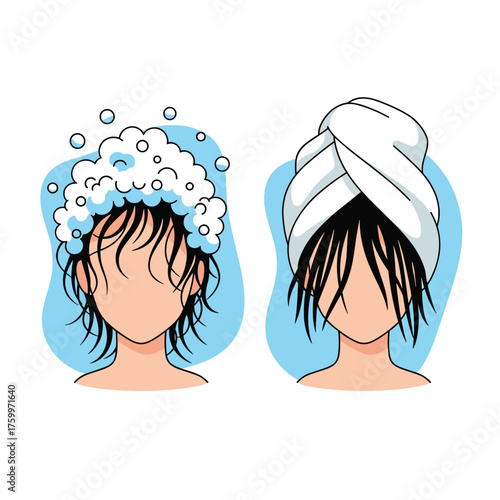 Illustrations depicting the process of washing and drying hair after shampooing.