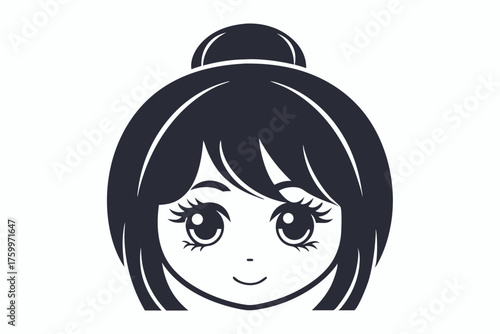 Simple black and white girl head portrays cute mangastyle face with big eyes