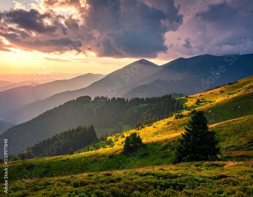 Rolling green hills meet majestic mountains, under a dramatic, sunlit sky