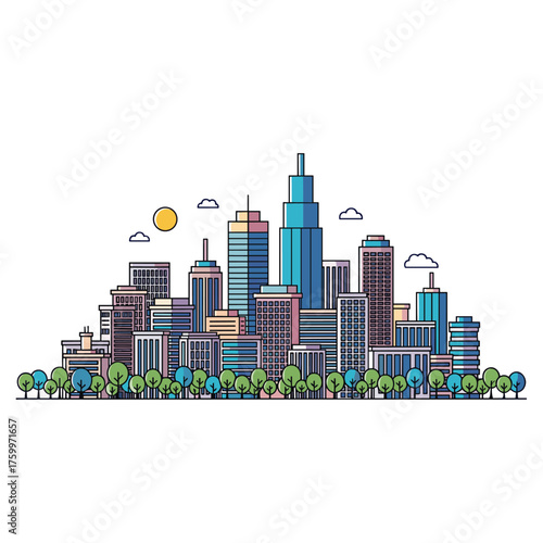 A colorful collection of modern city skyscrapers in a line with trees and sun.