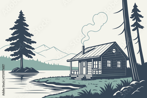 Minimalist Adirondack mountain cabin and lake reflection
