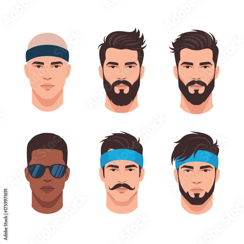Collection of six diverse male faces with different hairstyles and accessories.